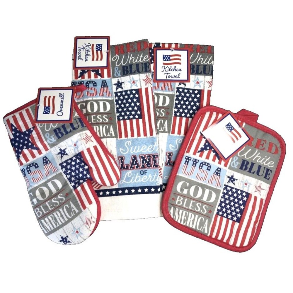 July 4th Kitchen Towels Oven Mitt Potholder Set of 4 Stars Stripes Patriotic